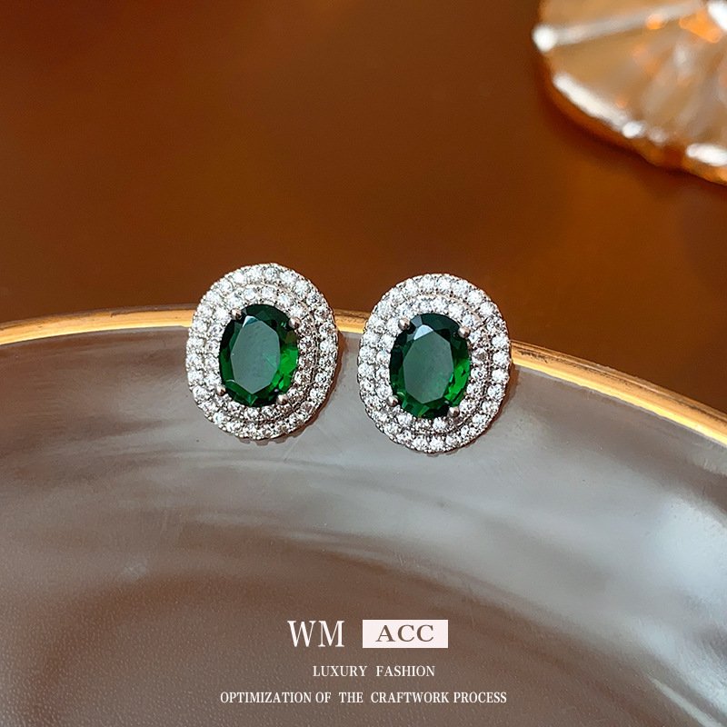 Silver Needle Green Diamond Zircon Multi-Layered Oval Stud Earrings