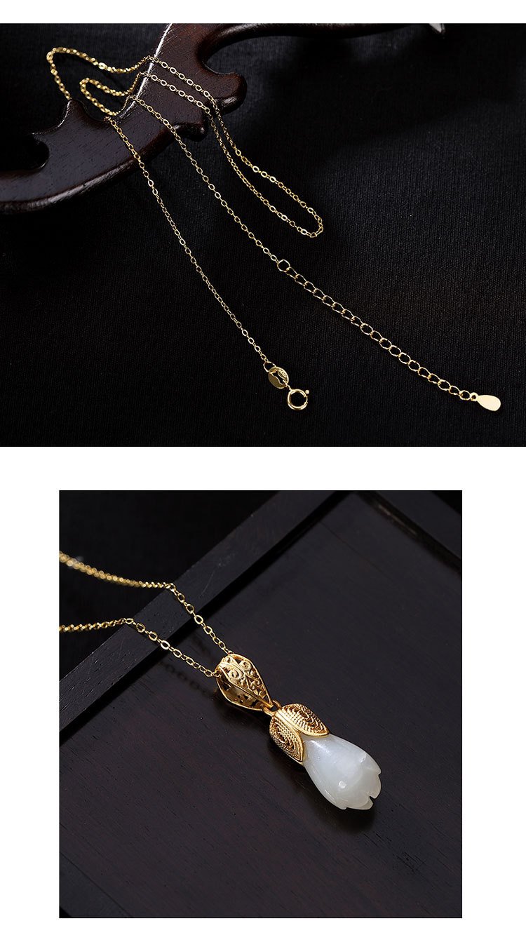 Sterling silver gold plated necklace with gold inlaid white jade pendant