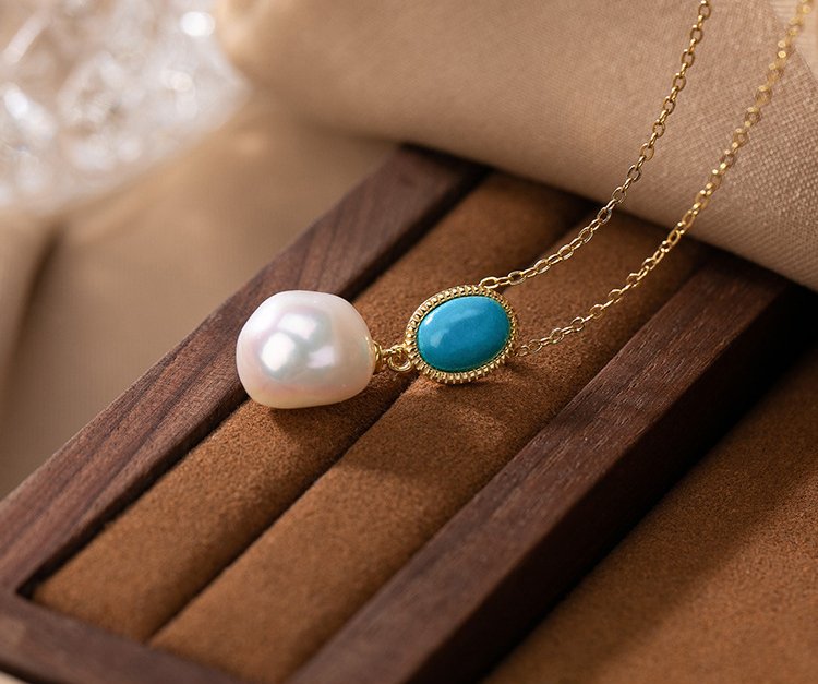 Natural Pearl Turquoise Pendant Necklace Sterling Silver