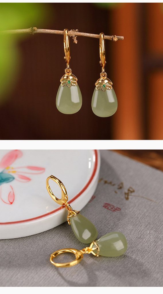 Green jade style S925 sterling silver inlaid jade drop earrings