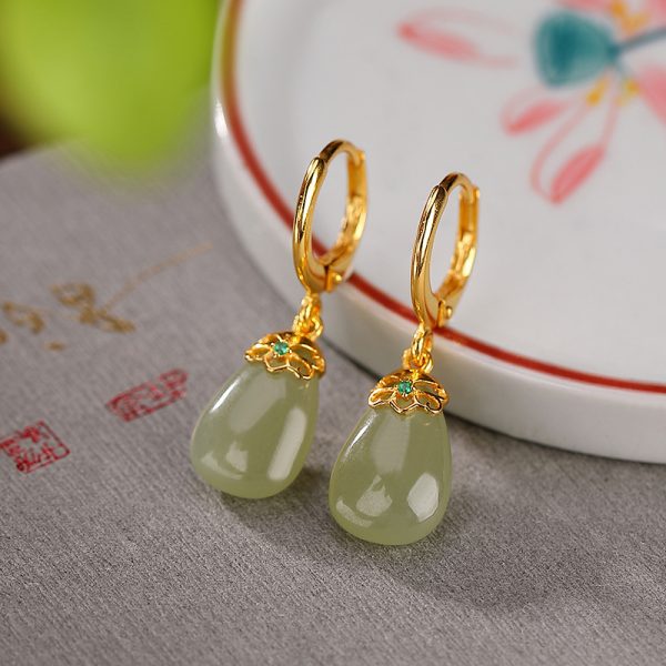 S925 sterling silver plus gold plated Hetian jade earrings（green jade）