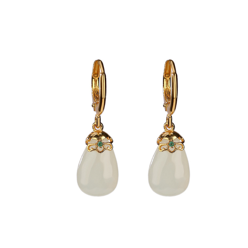 S925 sterling silver plus gold plated Hetian jade earrings（white jade）