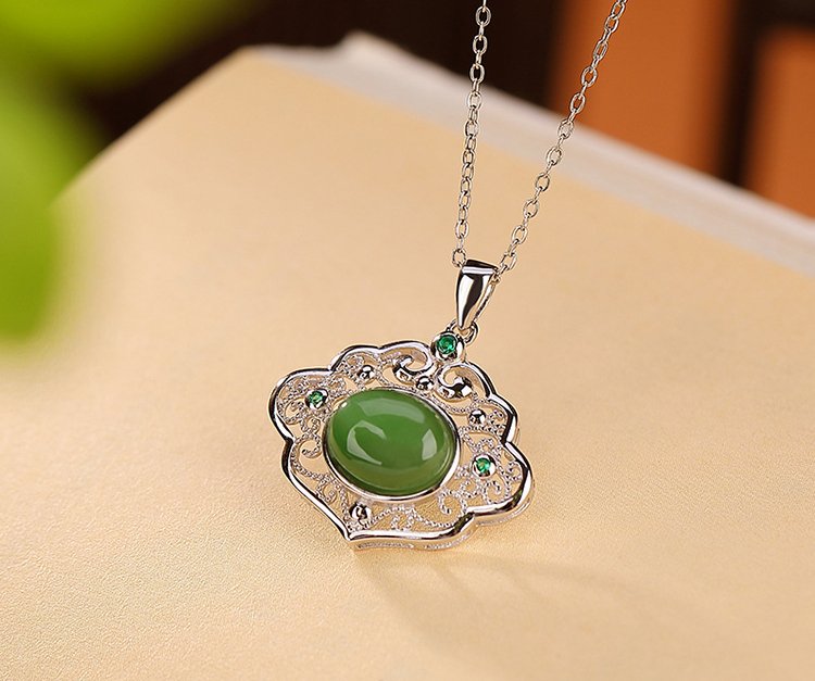 Girl wearing S925 sterling silver platinum plated Hetian jade Jasper pendant